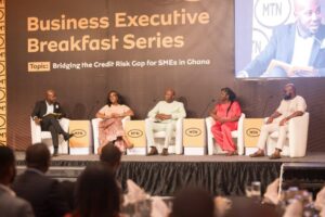 Moderator Kojo Boateng far right Angela Mensah Poku MTN Chief Ent Bus Officer Shaibu Haruna CEO MML Kosi Yankey Ayeh GEA and Kwame Anim Somuah CEO Somuah Farms